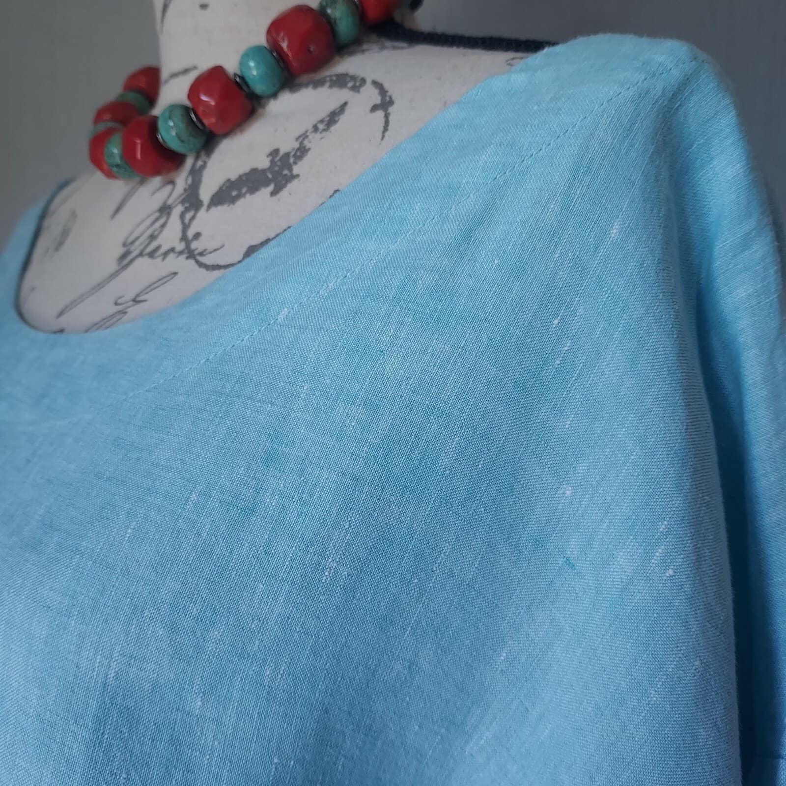 Pure Jill 100% Linen Tunic Top 3/4 Sleeve Scoop Neck Blue Lace Trim Women XL - Thumbnail 2