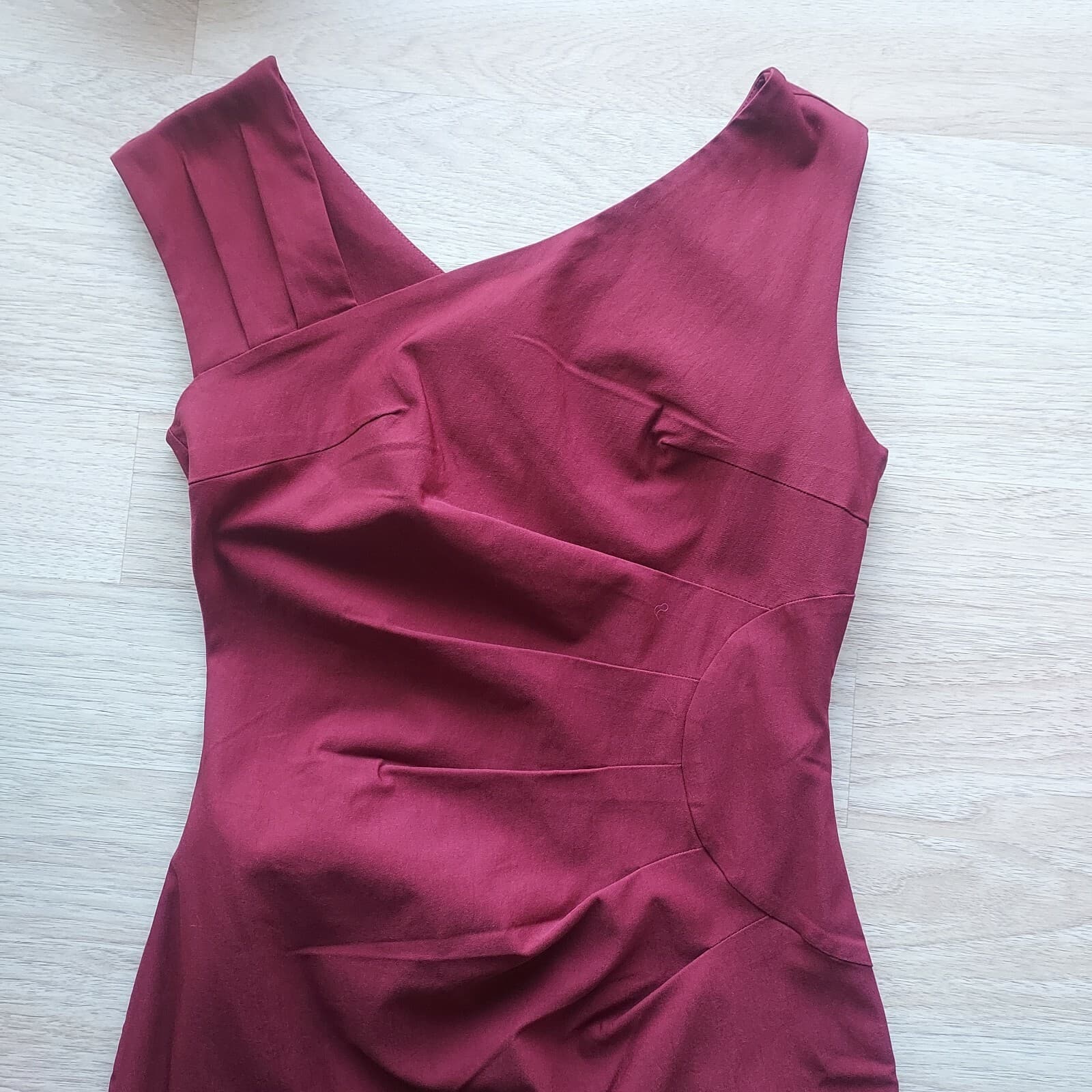 NWT MUXXA Boutique Midi Dress Asymmetrical-Neck Ruched-Waist Sleeveless Red Sz.L - Thumbnail 6