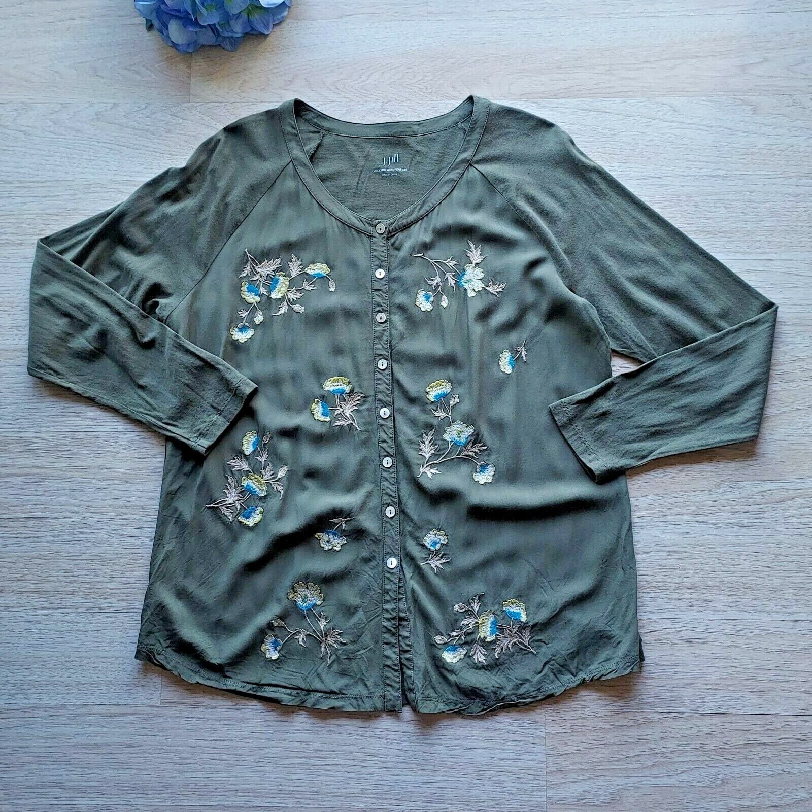 J.Jill Floral Embroidered Woven Front Shirt Top Long Sleeve Button Green Women L - Thumbnail 5