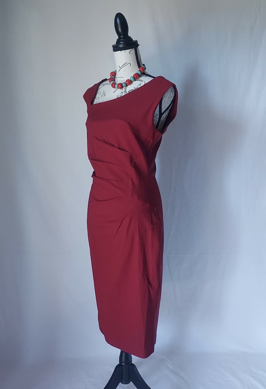 NWT MUXXA Boutique Midi Dress Asymmetrical-Neck Ruched-Waist Sleeveless Red Sz.L - Thumbnail 2