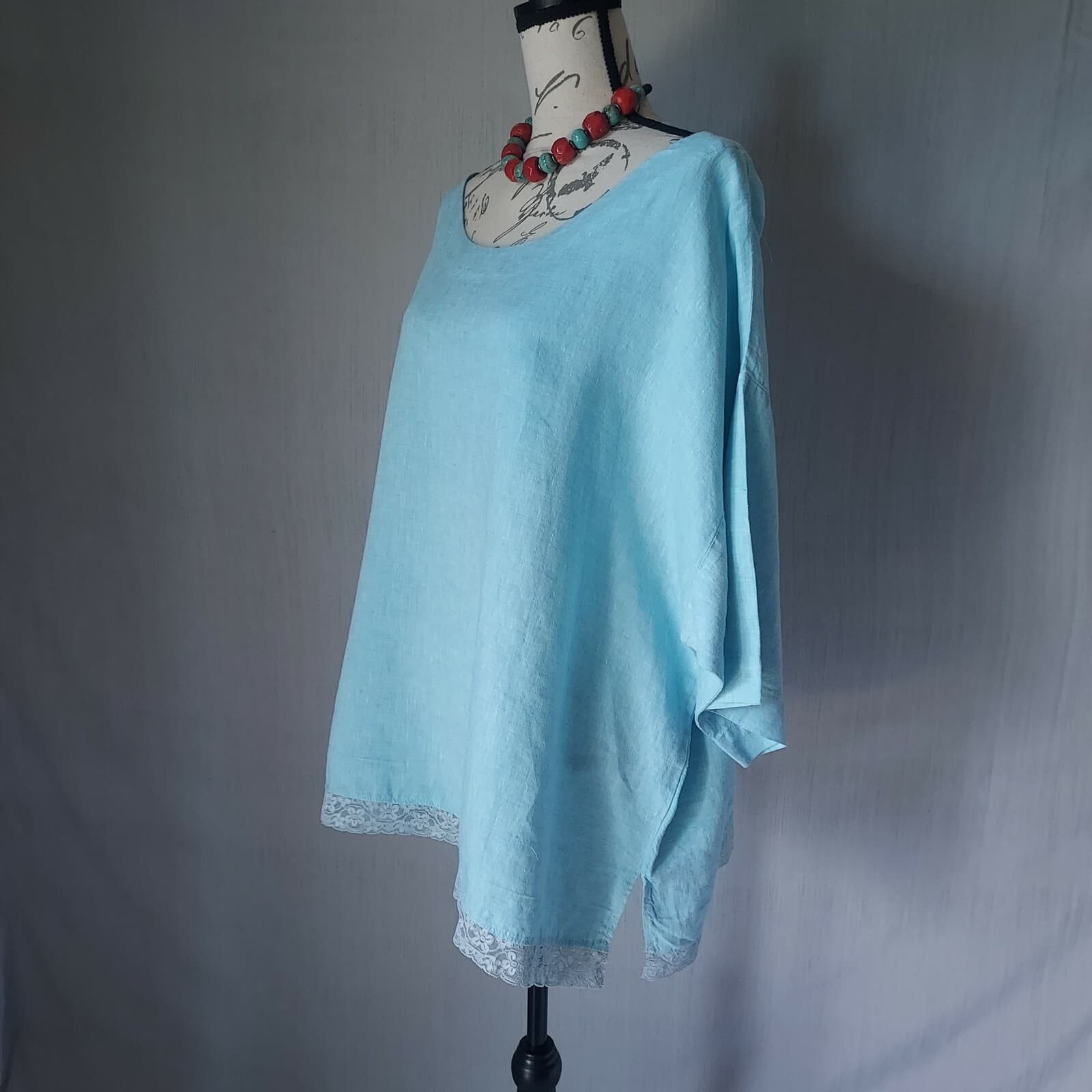 Pure Jill 100% Linen Tunic Top 3/4 Sleeve Scoop Neck Blue Lace Trim Women XL - Thumbnail 3