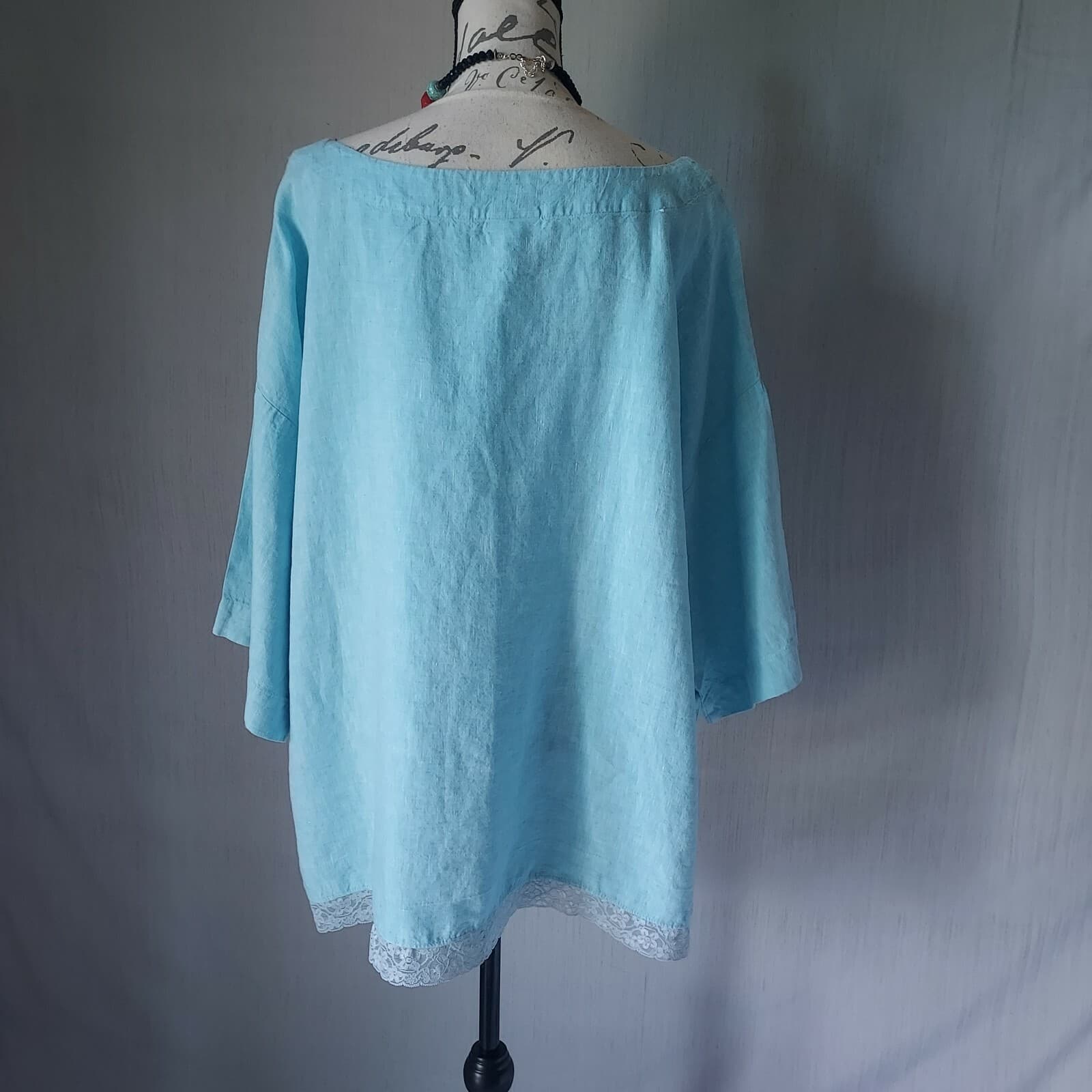 Pure Jill 100% Linen Tunic Top 3/4 Sleeve Scoop Neck Blue Lace Trim Women XL - Thumbnail 4