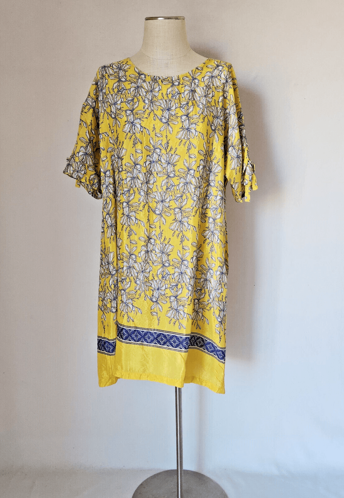 MASAI Copenhagen Floral Tunic Shift Dress Short Sleeve Pocket Yellow Blue Sz.L