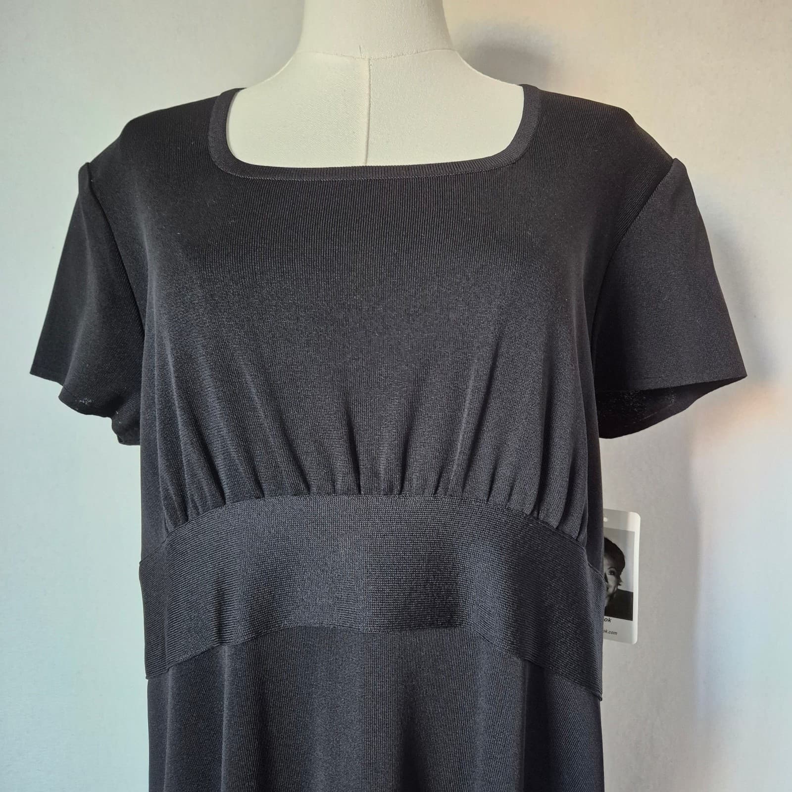 NWT Exclusively Misook Size L Empire Waist Square Neck Dress Cap Sleeve Black - Thumbnail 3