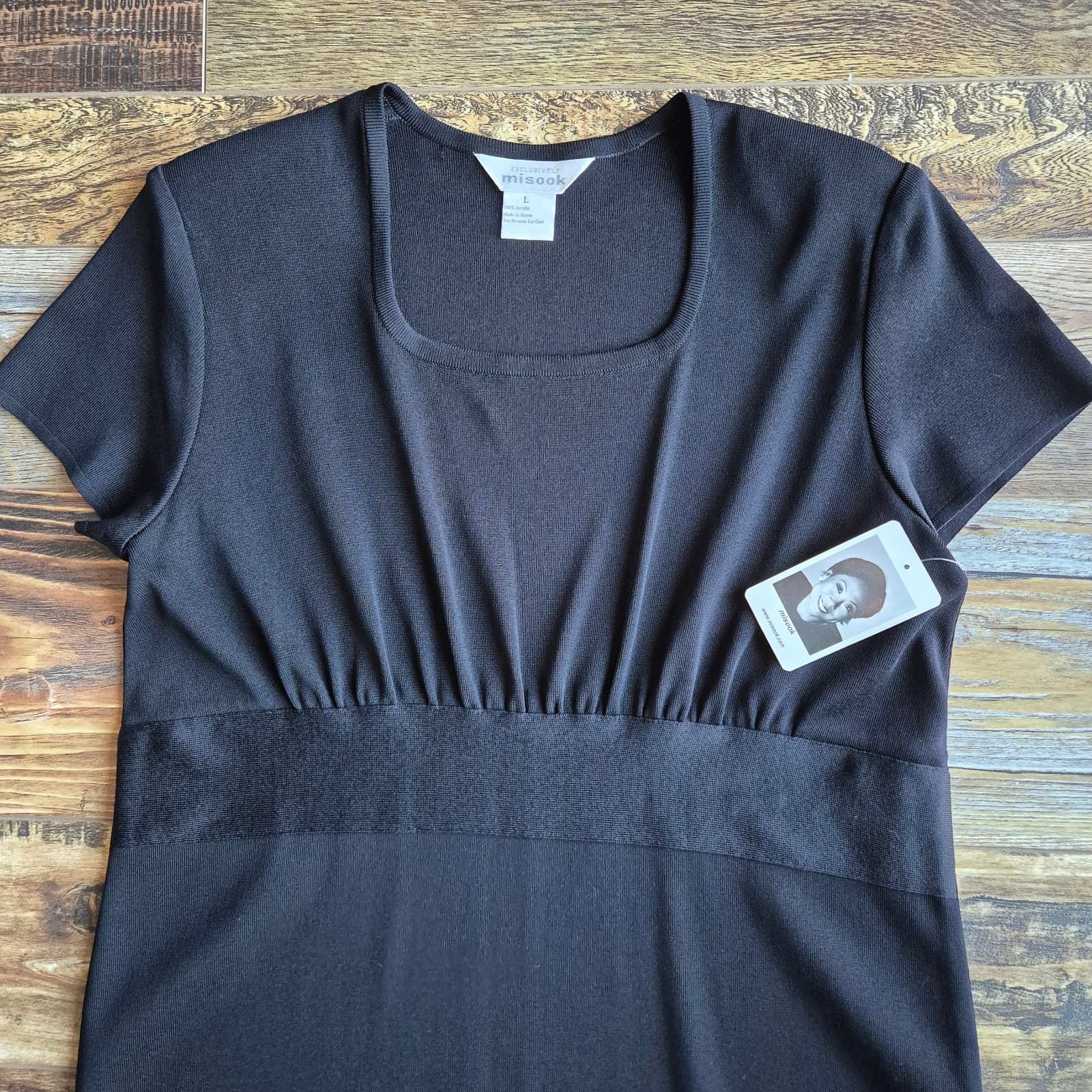 NWT Exclusively Misook Size L Empire Waist Square Neck Dress Cap Sleeve Black - Thumbnail 4