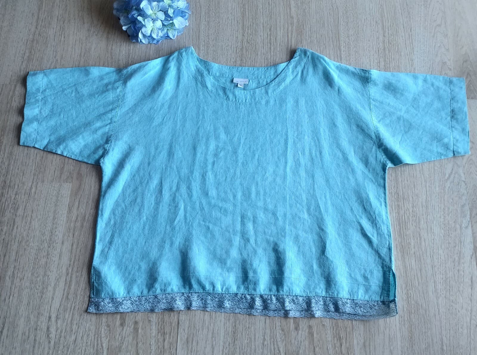 Pure Jill 100% Linen Tunic Top 3/4 Sleeve Scoop Neck Blue Lace Trim Women XL - Thumbnail 5