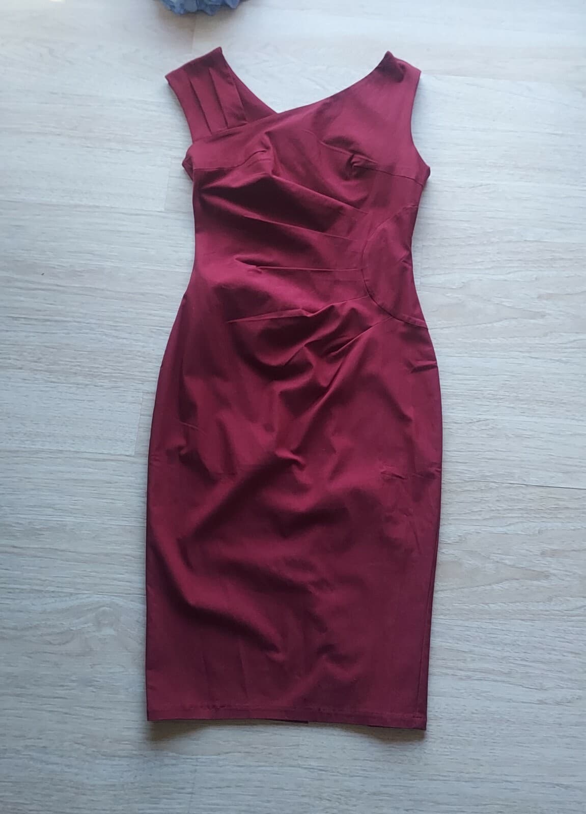 NWT MUXXA Boutique Midi Dress Asymmetrical-Neck Ruched-Waist Sleeveless Red Sz.L - Thumbnail 5