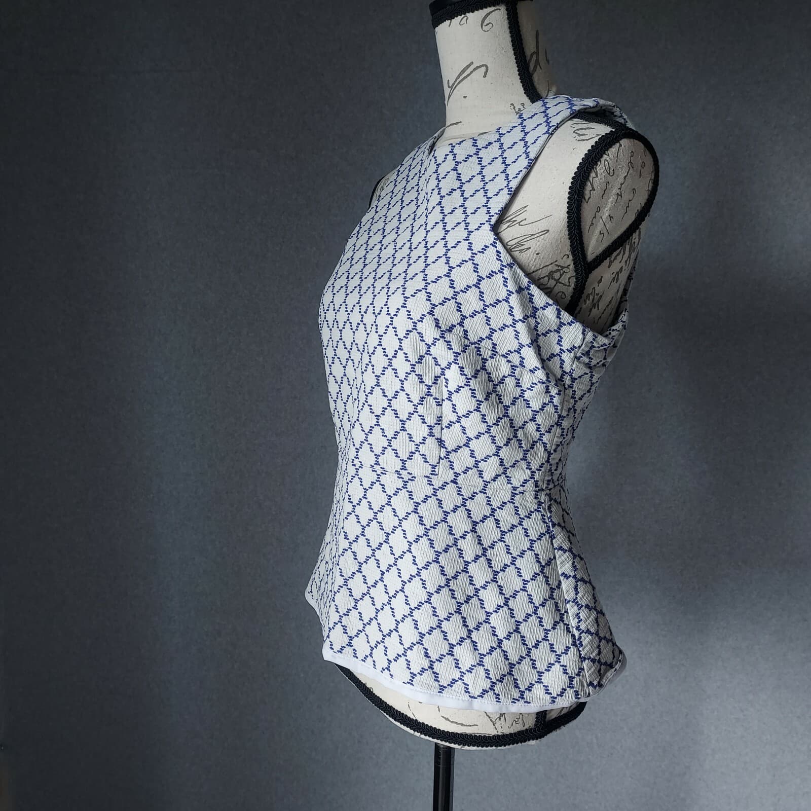 BEC & BRIDGE Drop Peplum Tank Top Zip Cotton Jacquard Blue-White Sz.8 Australia - Thumbnail 3