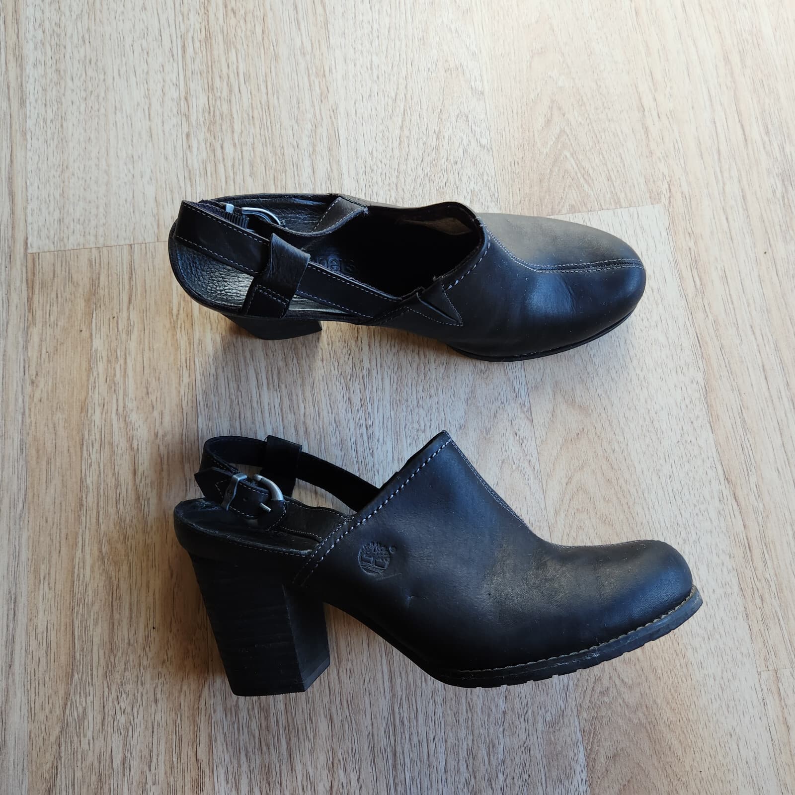 Timberland Earthkeeper Slingback Mule Wooden Block Heel Buckle Black Leather 10 - Thumbnail 2