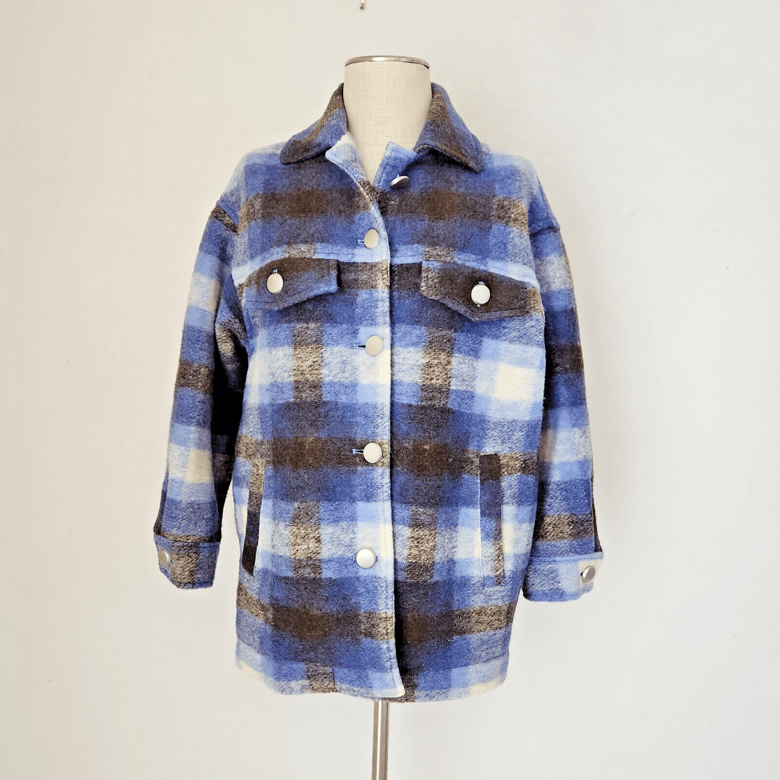 Zara Premium Wool Blend Plaid Shirt Jacket Shacket Overshirt Blue Oversize-Small - Thumbnail 2