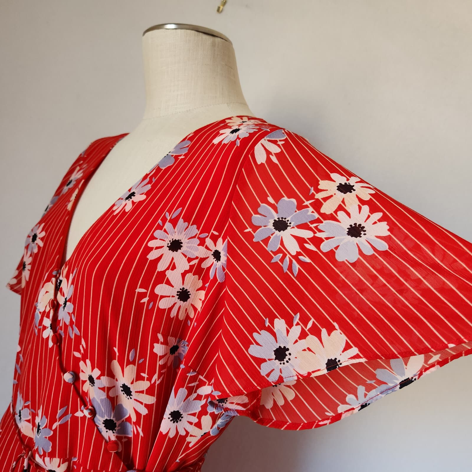 Madewell Daisy Society Button Wrap Mini Dress Short Sleeve Tie-Waist Red Sz.12 - Thumbnail 8