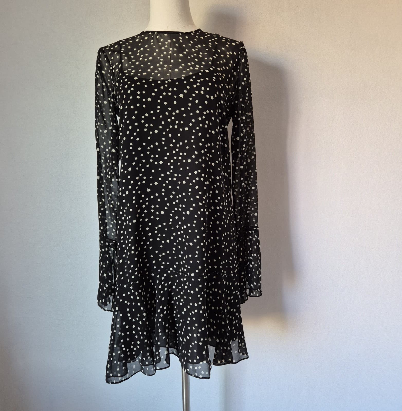 Theory Marah Starry Silk Mini Dress + Slip Long Sleeve Ruffle Hem Black Wome's 0 - Thumbnail 3