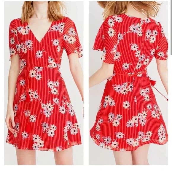Madewell Daisy Society Button Wrap Mini Dress Short Sleeve Tie-Waist Red Sz.12 - Thumbnail 3