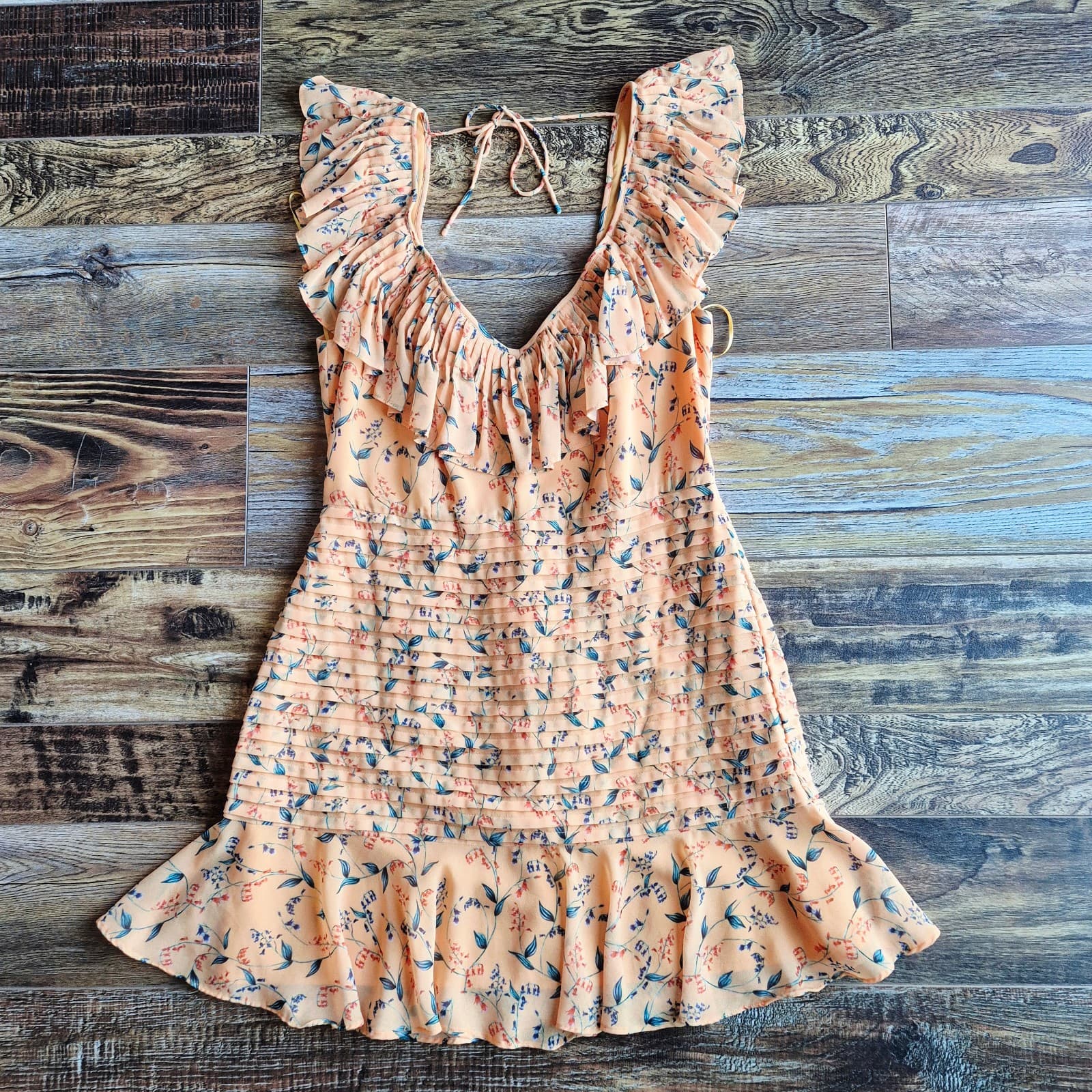 La Maison Talulah Daring Day Floral Mini Dress Ruffle Flutter Sleeve Orange Sz.L - Thumbnail 10