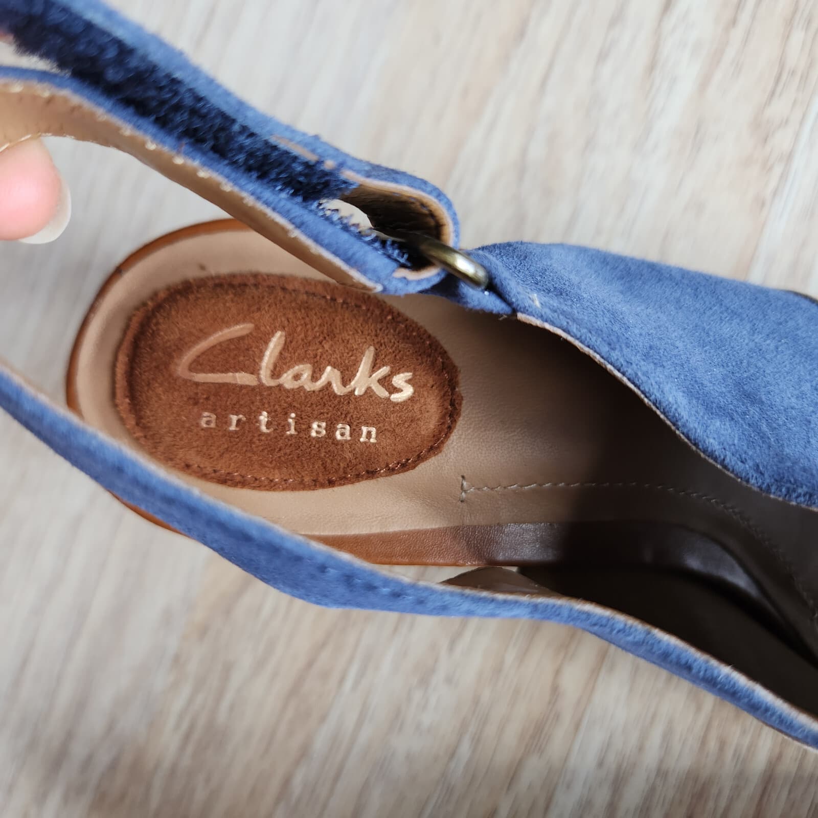 Clarks Artisan Suede Colorblock Peep Toe Slingback Shoe Wooden Block Heel US9.5M - Thumbnail 12