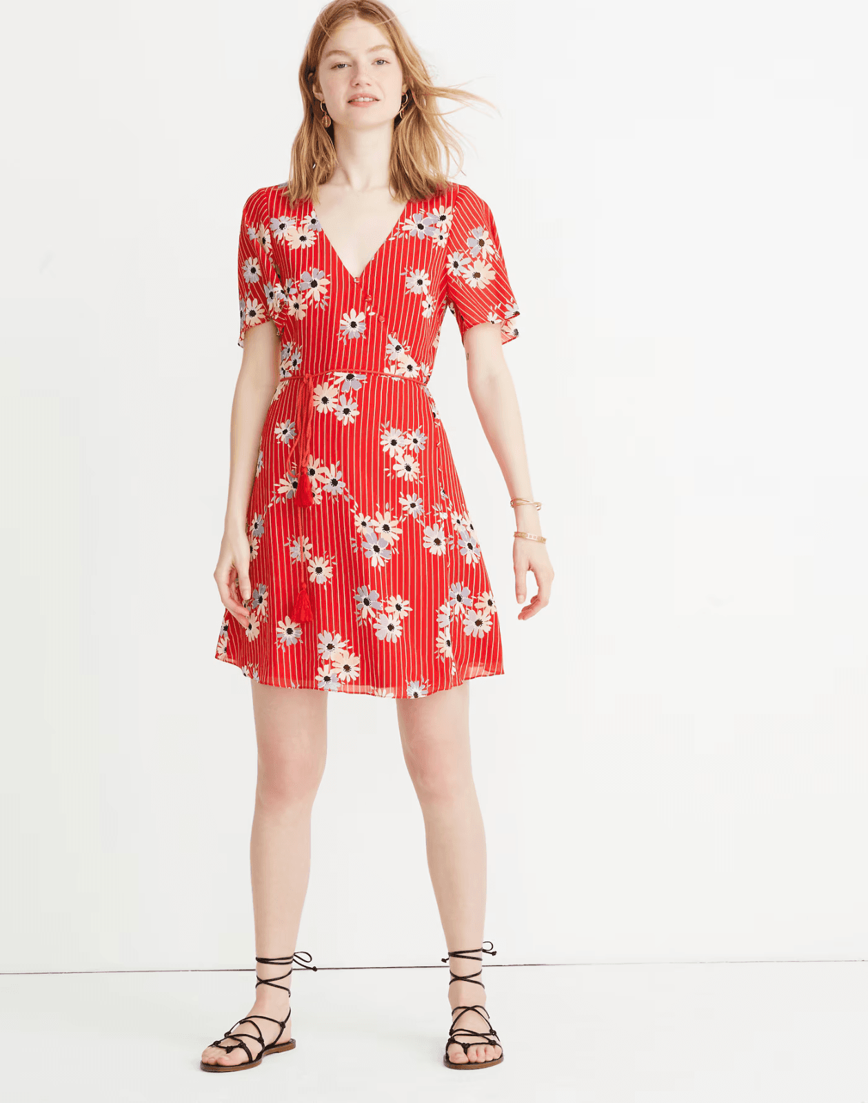 Madewell Daisy Society Button Wrap Mini Dress Short Sleeve Tie-Waist Red Sz.12 - Thumbnail 6