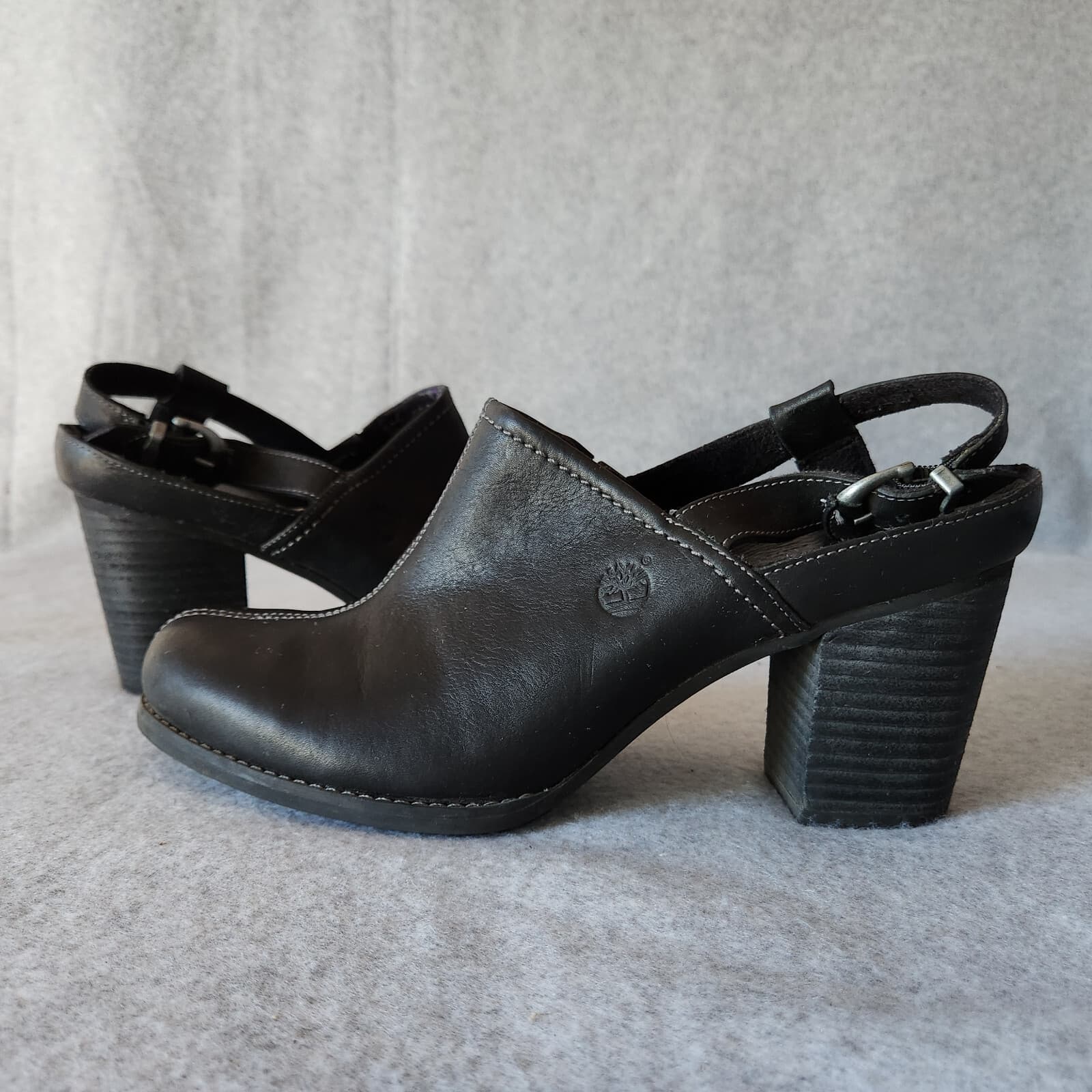 Timberland Earthkeeper Slingback Mule Wooden Block Heel Buckle Black Leather 10