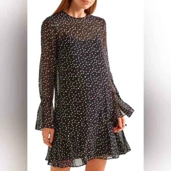 Theory Marah Starry Silk Mini Dress + Slip Long Sleeve Ruffle Hem Black Wome's 0 - Thumbnail 2