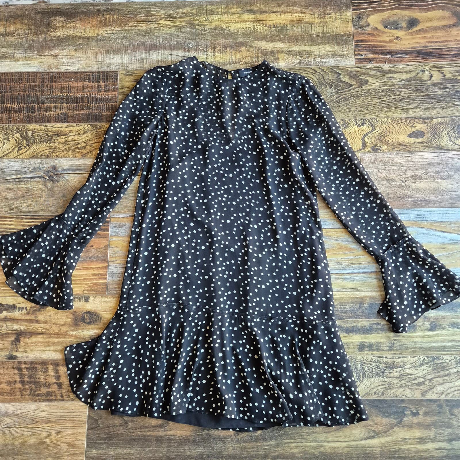 Theory Marah Starry Silk Mini Dress + Slip Long Sleeve Ruffle Hem Black Wome's 0 - Thumbnail 9
