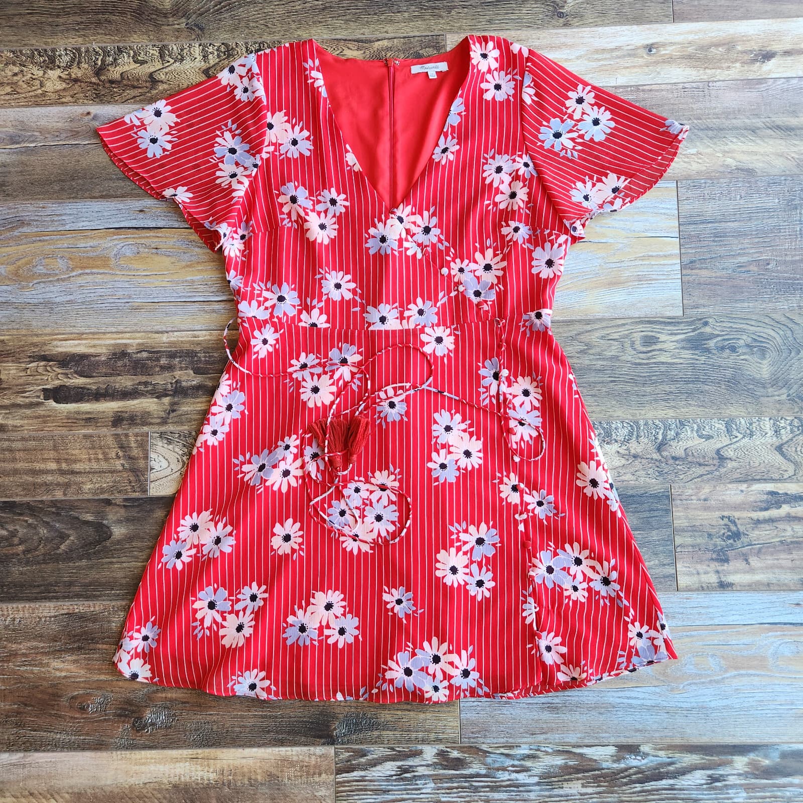 Madewell Daisy Society Button Wrap Mini Dress Short Sleeve Tie-Waist Red Sz.12 - Thumbnail 4
