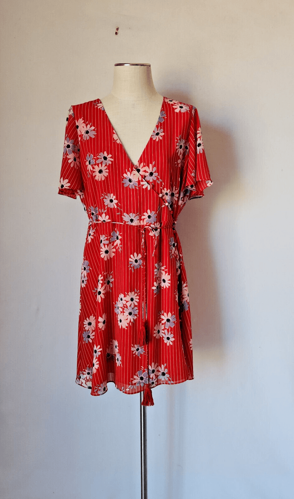 Madewell Daisy Society Button Wrap Mini Dress Short Sleeve Tie-Waist Red Sz.12 - Thumbnail 2