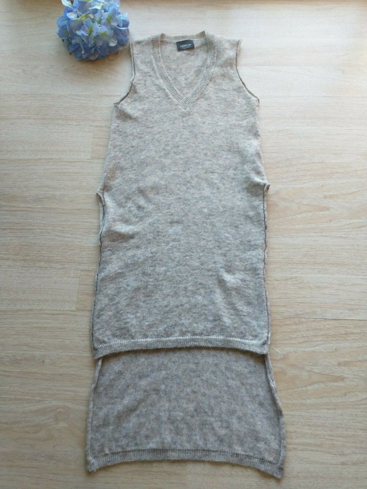 ZARA KNIT Wool Blend Tank Top Dress Side Slit Sleeveless Hi-Low V-neck Brown M - Thumbnail 4