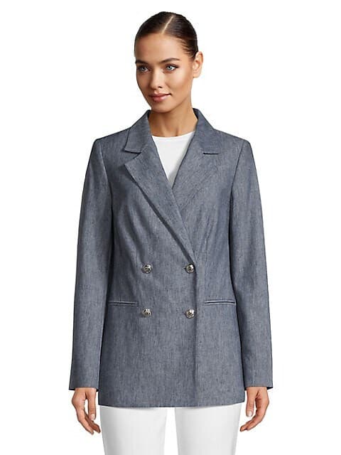 NWoT Karl Lagerfeld Paris $189 Linen Cotton Double Breasted Blazer Blue Sz.12 - Thumbnail 3