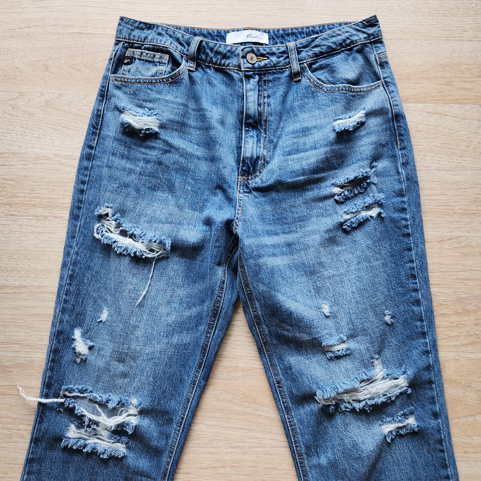 Kancan Bobbie Ultra High Rise Straight Leg Jean Distress Marbled Wash Blue 11/29 - Thumbnail 3