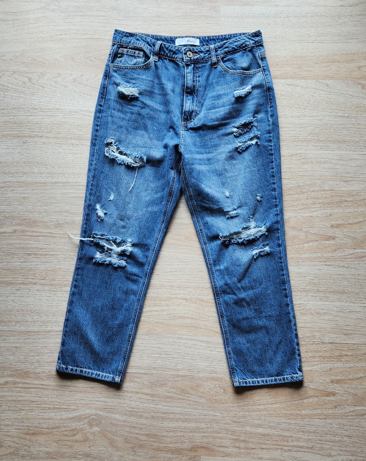 Kancan Bobbie Ultra High Rise Straight Leg Jean Distress Marbled Wash Blue 11/29 - Thumbnail 2