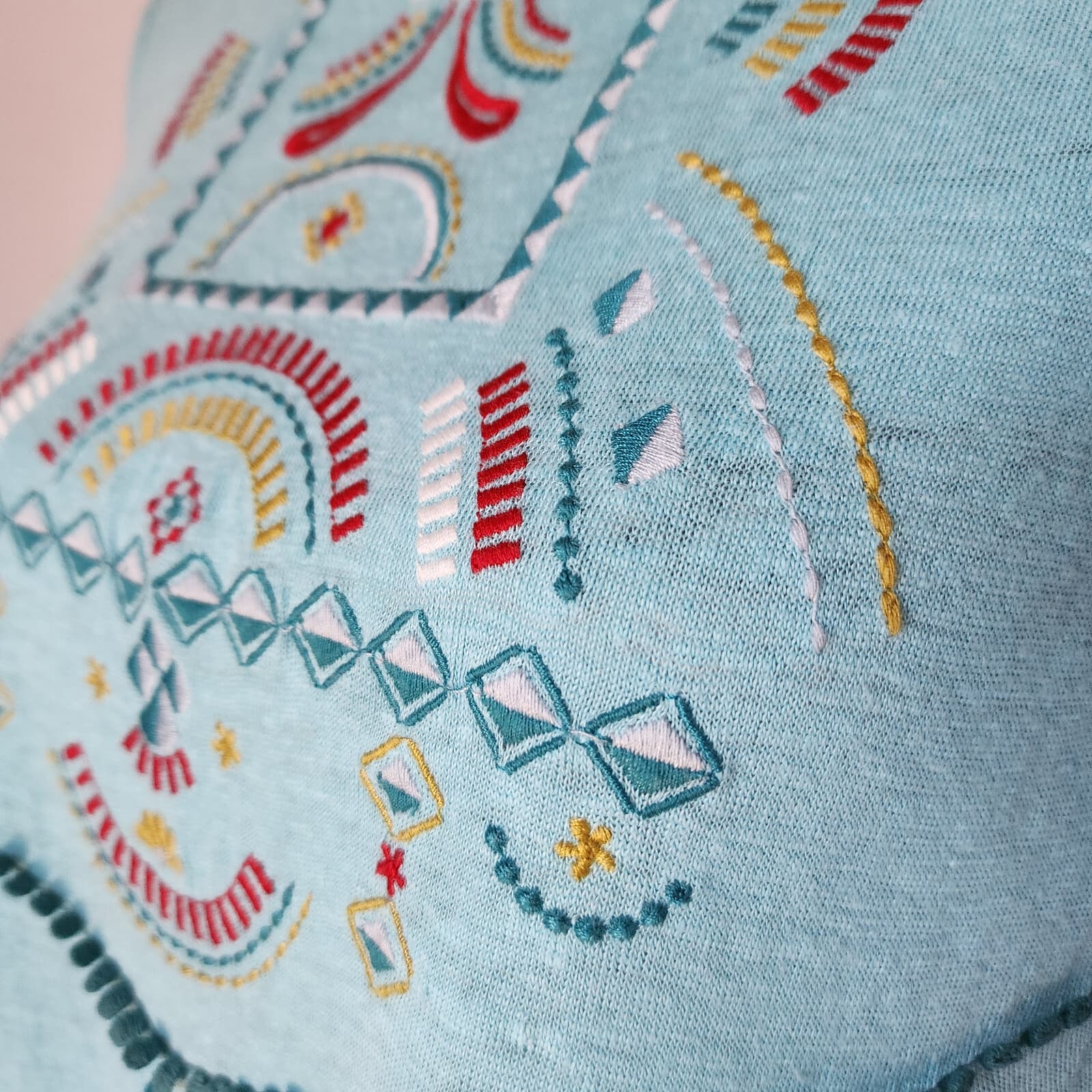 Sundance Jamma Women's M 100% Linen Embroidered Knit Tank Top Teal Blue - Thumbnail 3