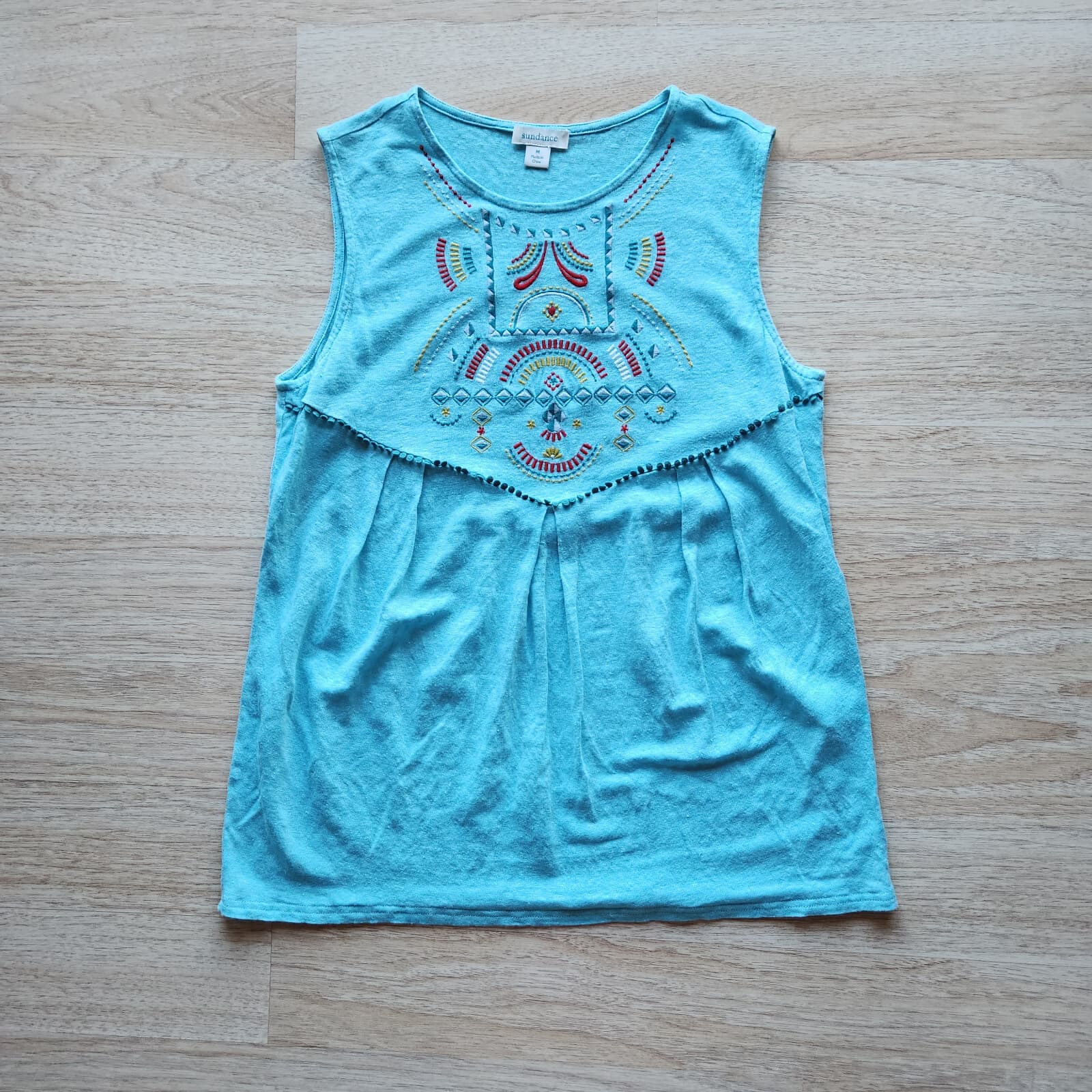 Sundance Jamma Women's M 100% Linen Embroidered Knit Tank Top Teal Blue - Thumbnail 4