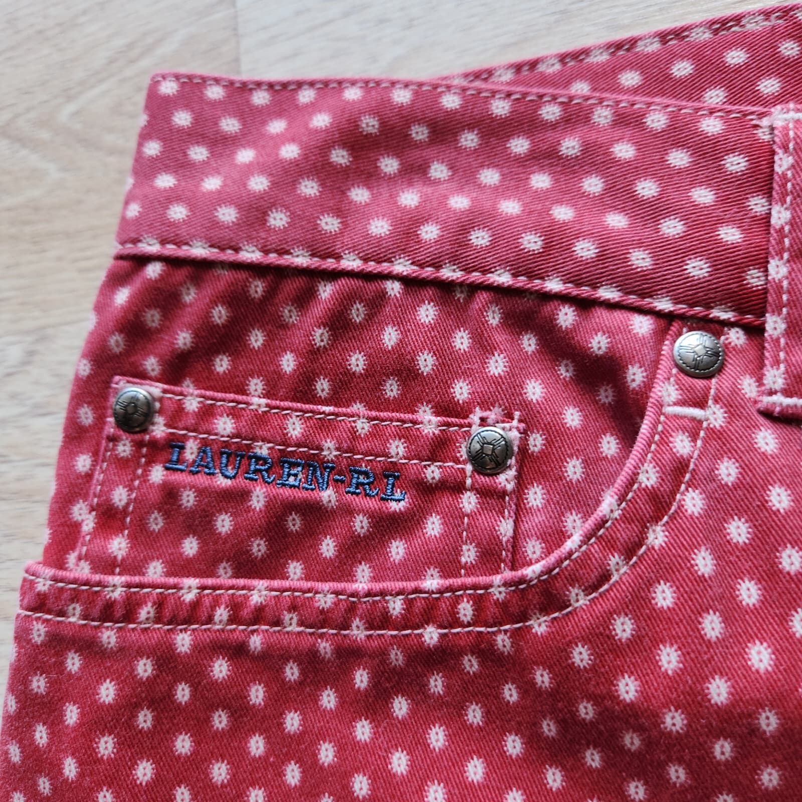 Vintage Lauren Ralph Lauren Polka Dot Red White Denim Crop Pants Cotton Zip Sz.8 - Thumbnail 4