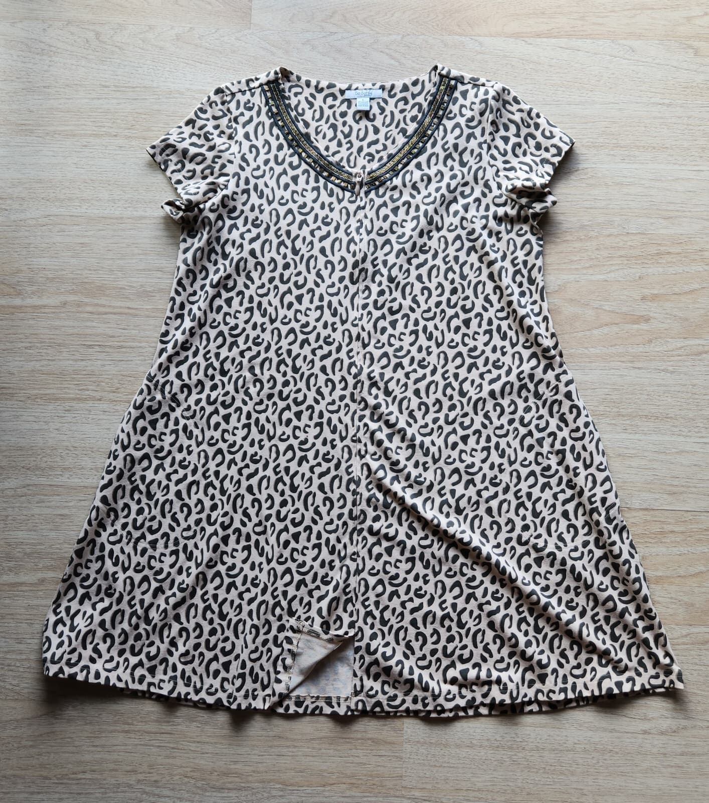 Go Softly Patio Bead Embellished Leopard House Dress Zip Pocket Knit Beige Sz.L - Thumbnail 3