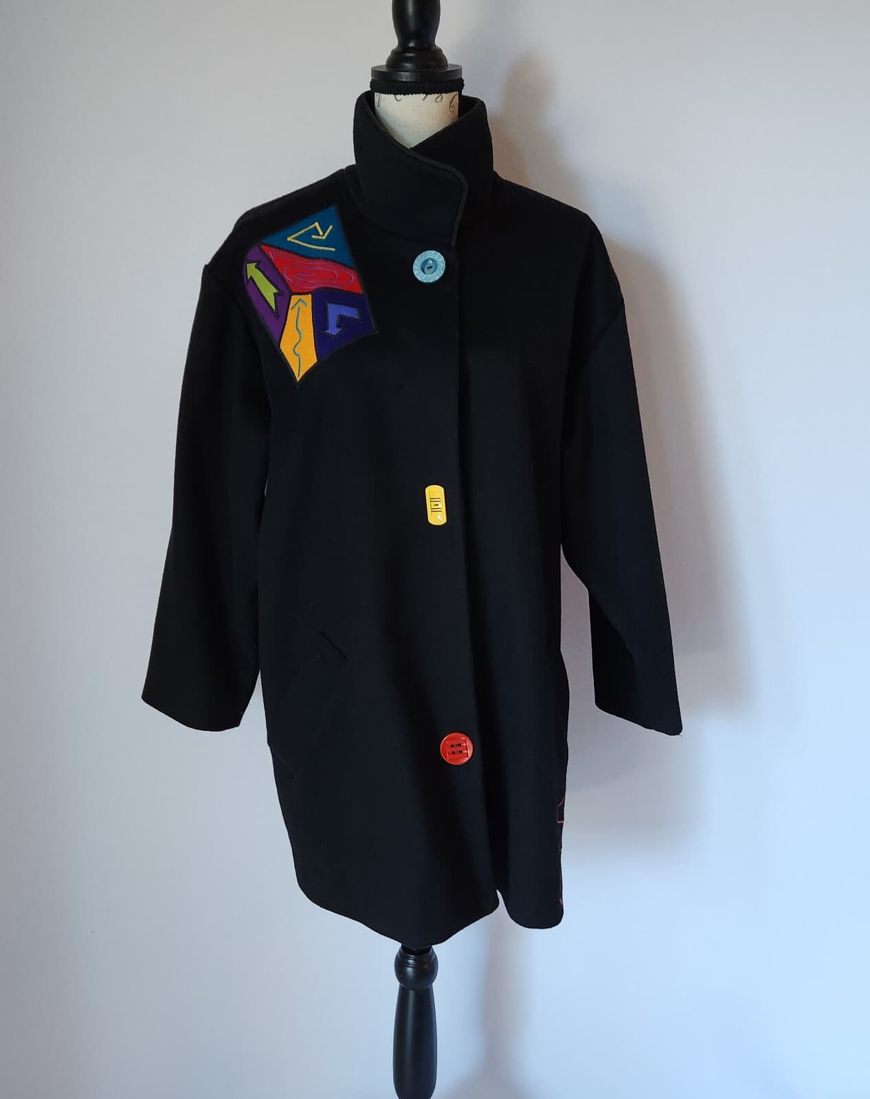 Vintage Marytou Ozbolt Storer 100% Wool Embroidered Coat Black Women M USA Made - Thumbnail 3