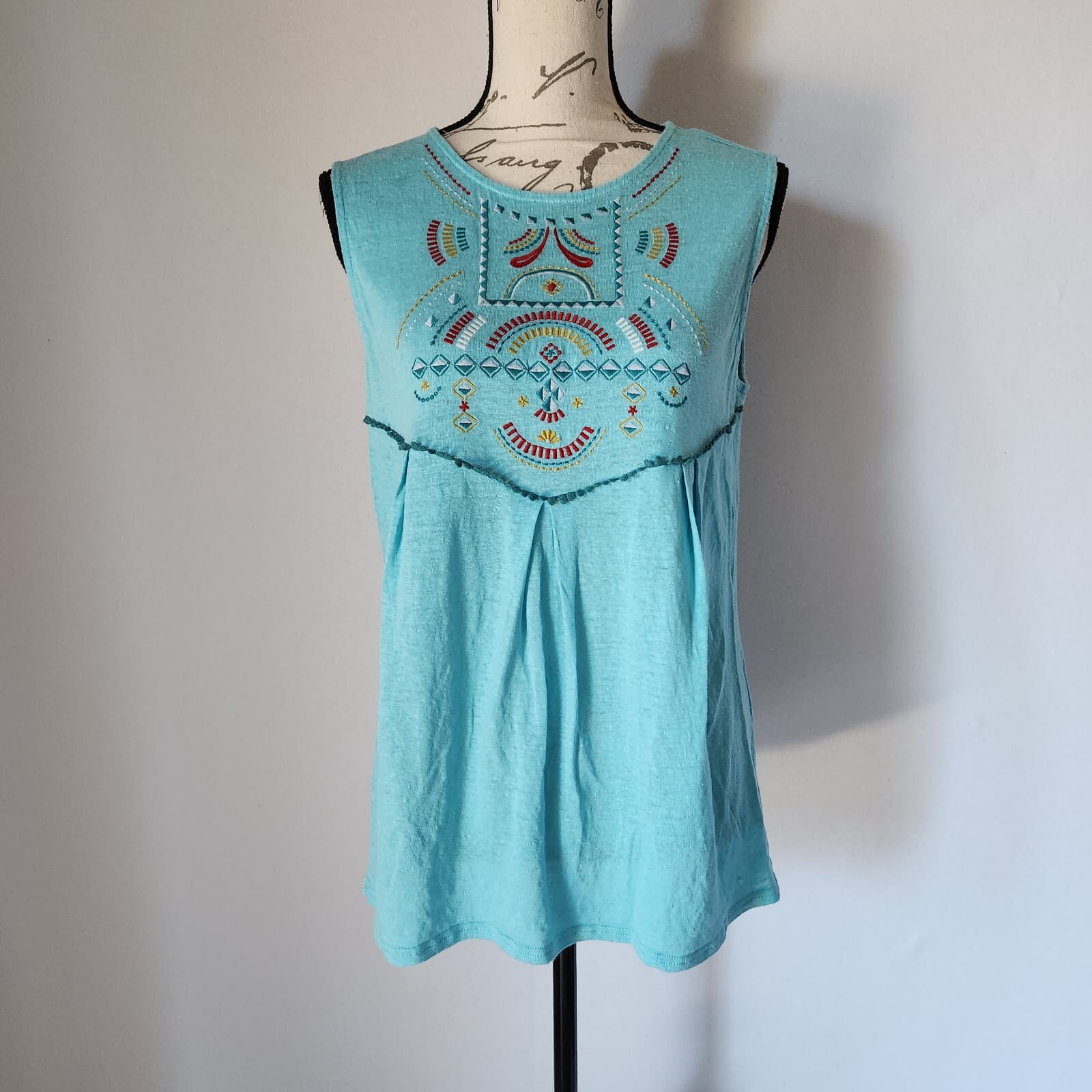 Sundance Jamma Women's M 100% Linen Embroidered Knit Tank Top Teal Blue - Thumbnail 2
