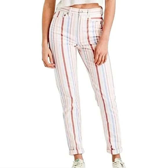 NWT American Eagle High Rise Mom Jean Zip Multicolor Striped 00/24 Short $50 - Thumbnail 2