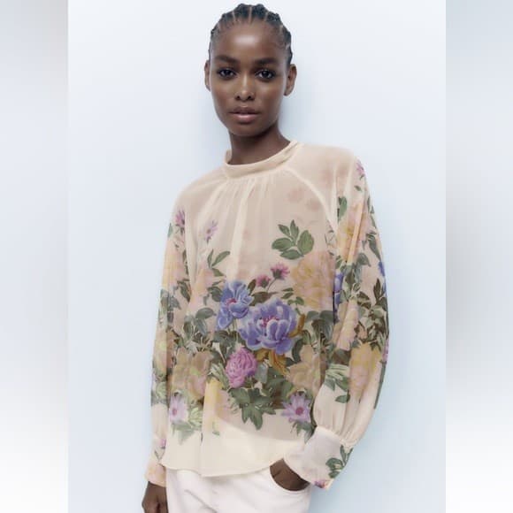 Zara Floral Sheer Chiffon High Neck Blouse Tie-Back Long Sleeve Ivory Pink Sz.XS - Thumbnail 2