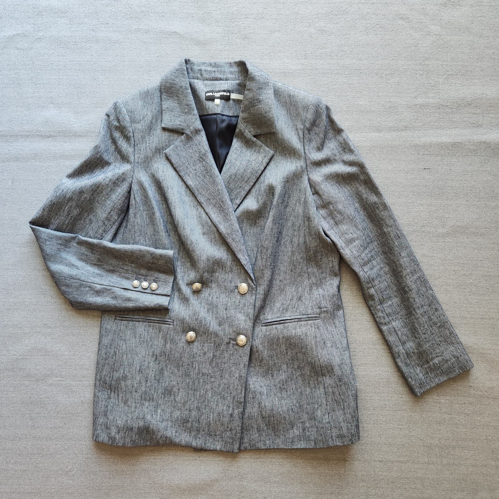 NWoT Karl Lagerfeld Paris $189 Linen Cotton Double Breasted Blazer Blue Sz.12 - Thumbnail 4