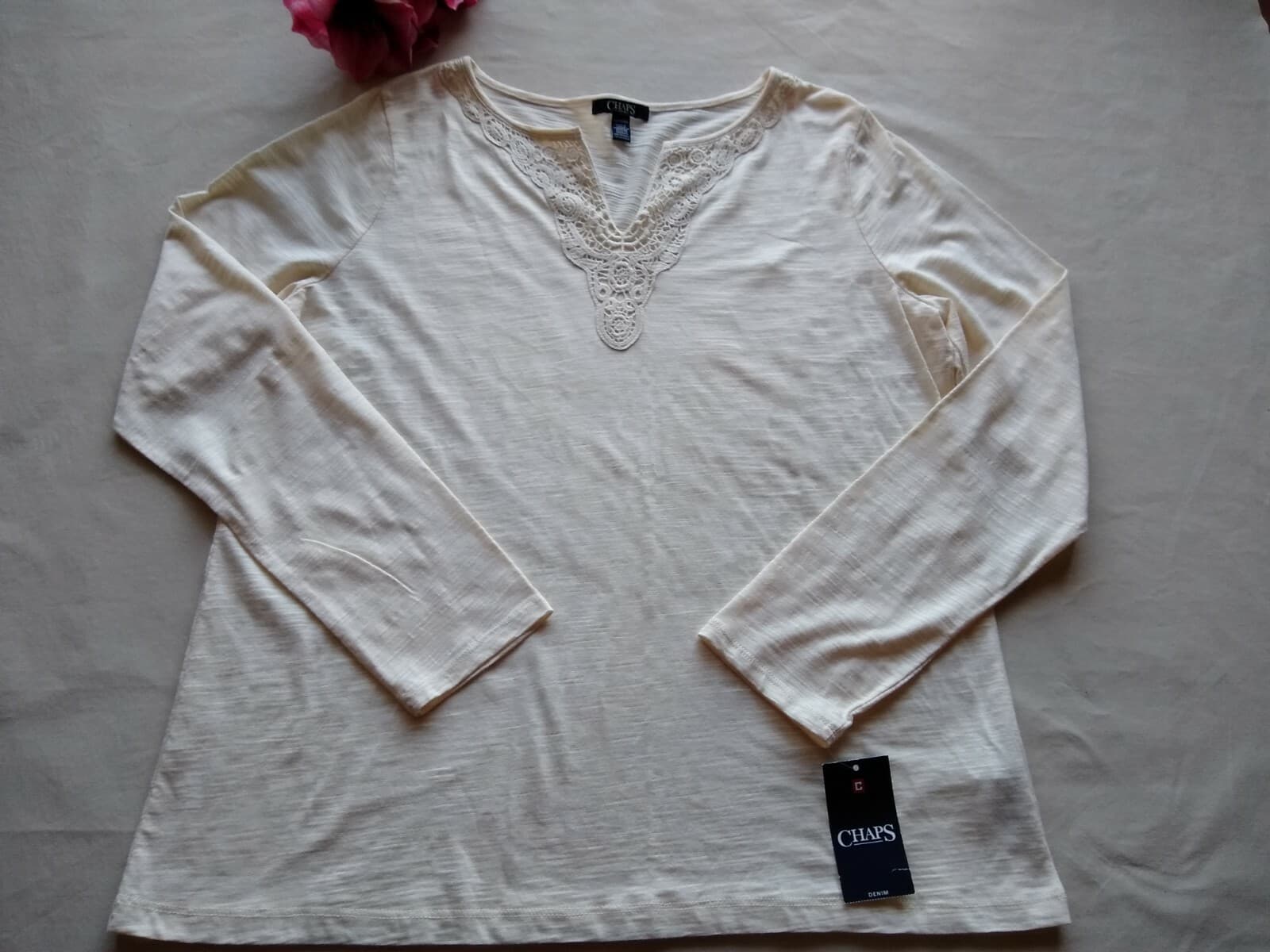 CHAPS NWT Knit Top Blouse Long Sleeves Embroidered V-neck Ivory Sz.XL - Thumbnail 2