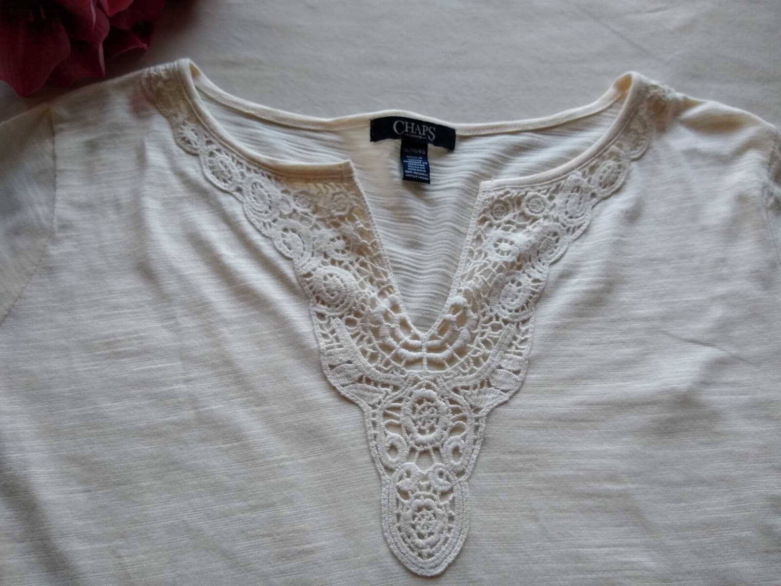 CHAPS NWT Knit Top Blouse Long Sleeves Embroidered V-neck Ivory Sz.XL - Thumbnail 7