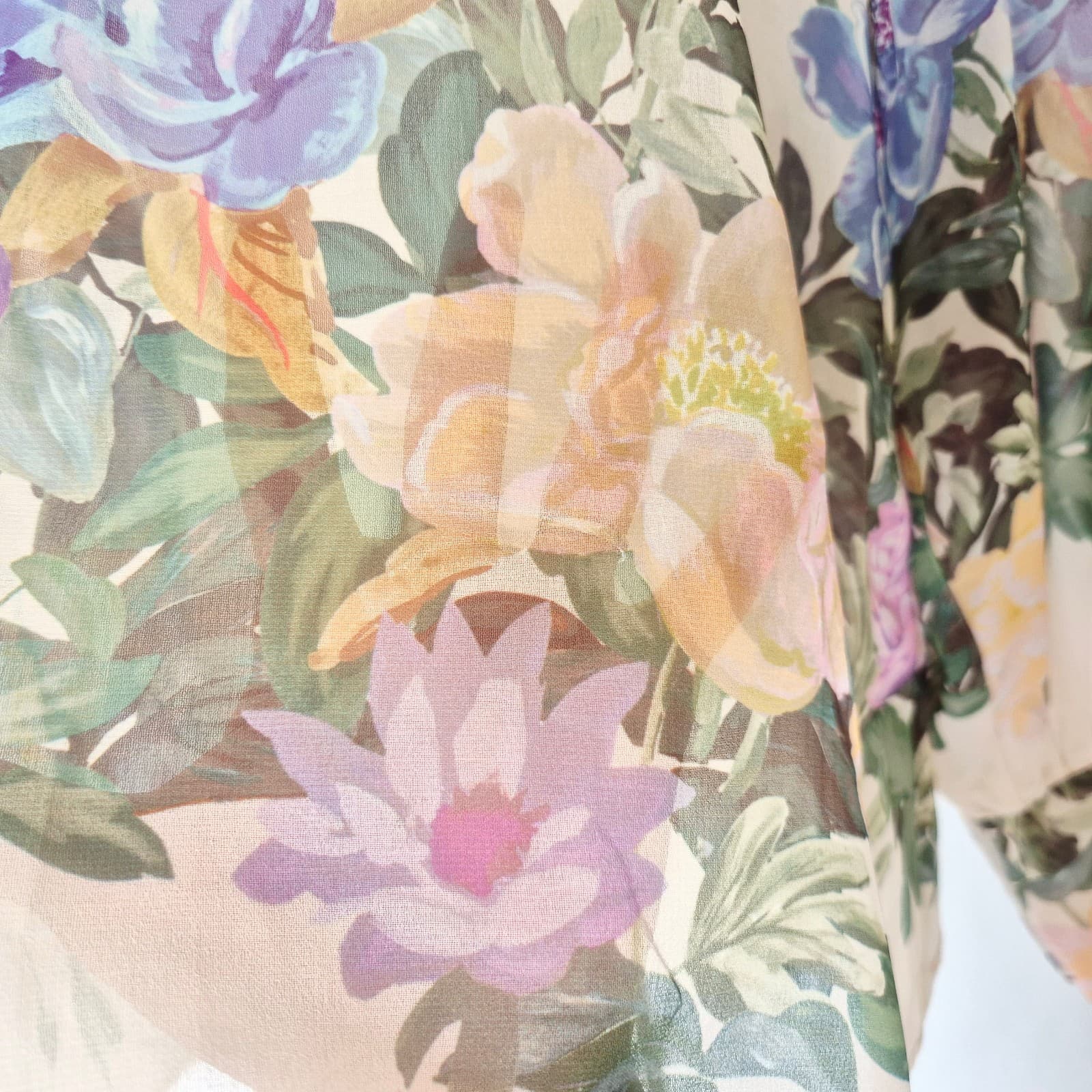 Zara Floral Sheer Chiffon High Neck Blouse Tie-Back Long Sleeve Ivory Pink Sz.XS - Thumbnail 6