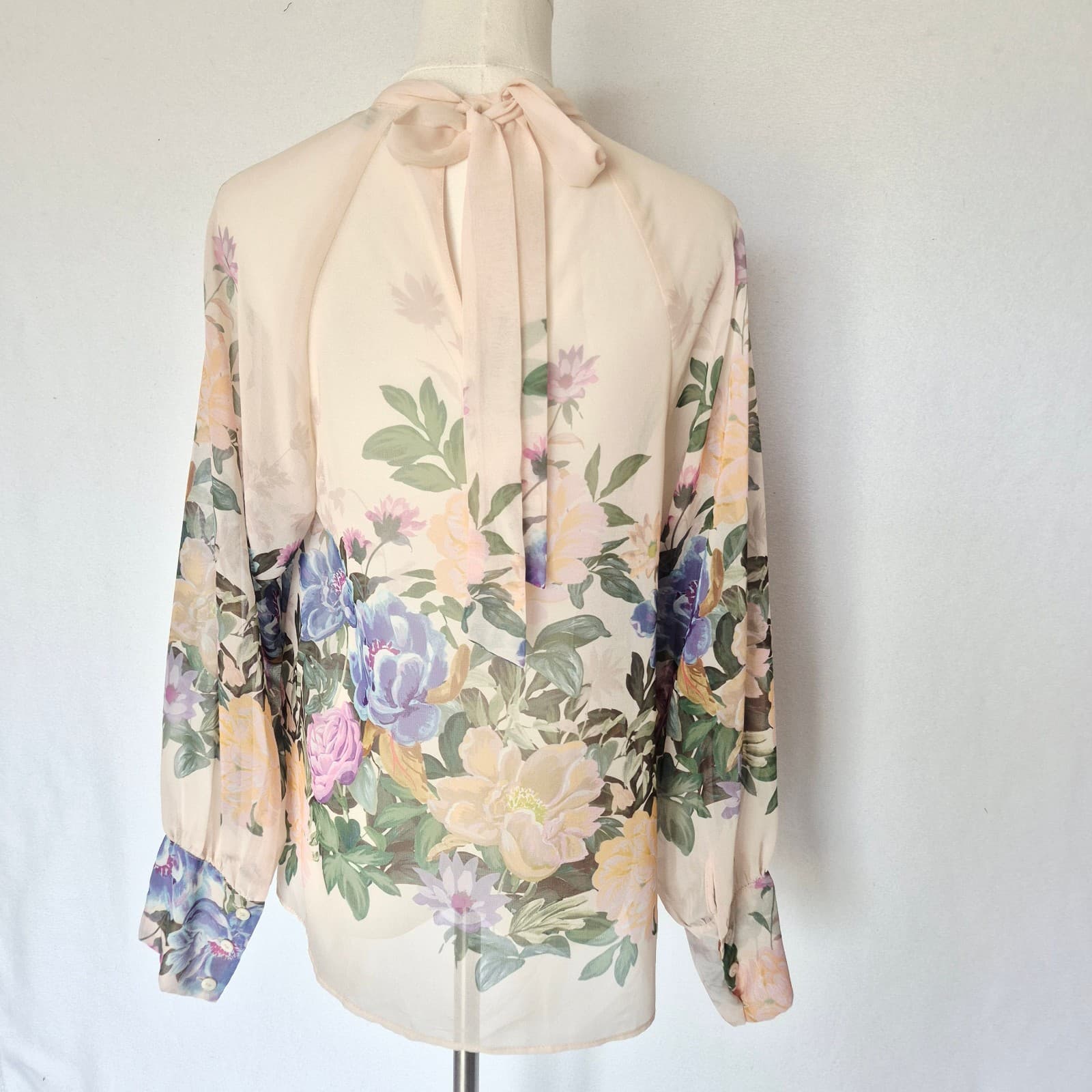 Zara Floral Sheer Chiffon High Neck Blouse Tie-Back Long Sleeve Ivory Pink Sz.XS - Thumbnail 7