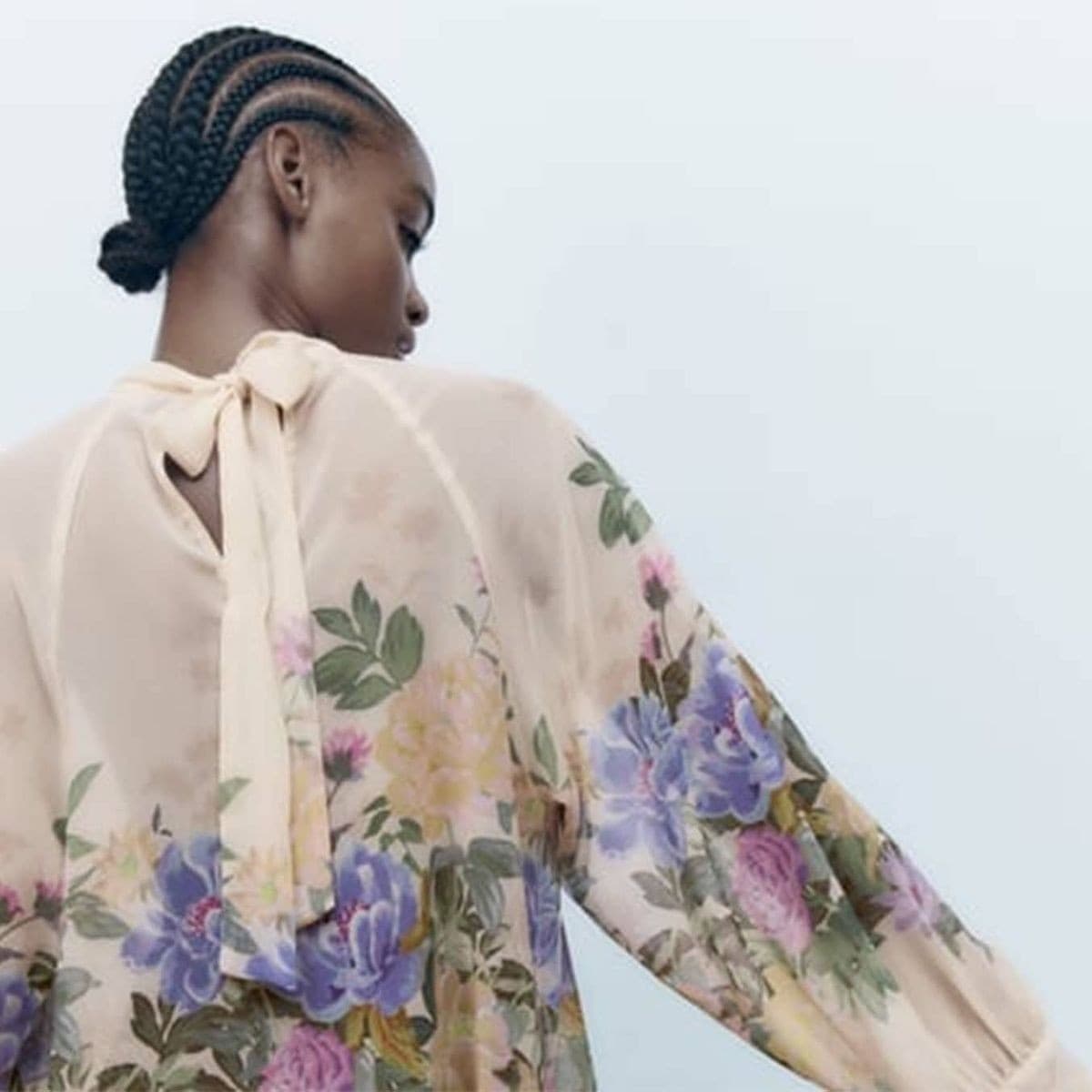 Zara Floral Sheer Chiffon High Neck Blouse Tie-Back Long Sleeve Ivory Pink Sz.XS - Thumbnail 8