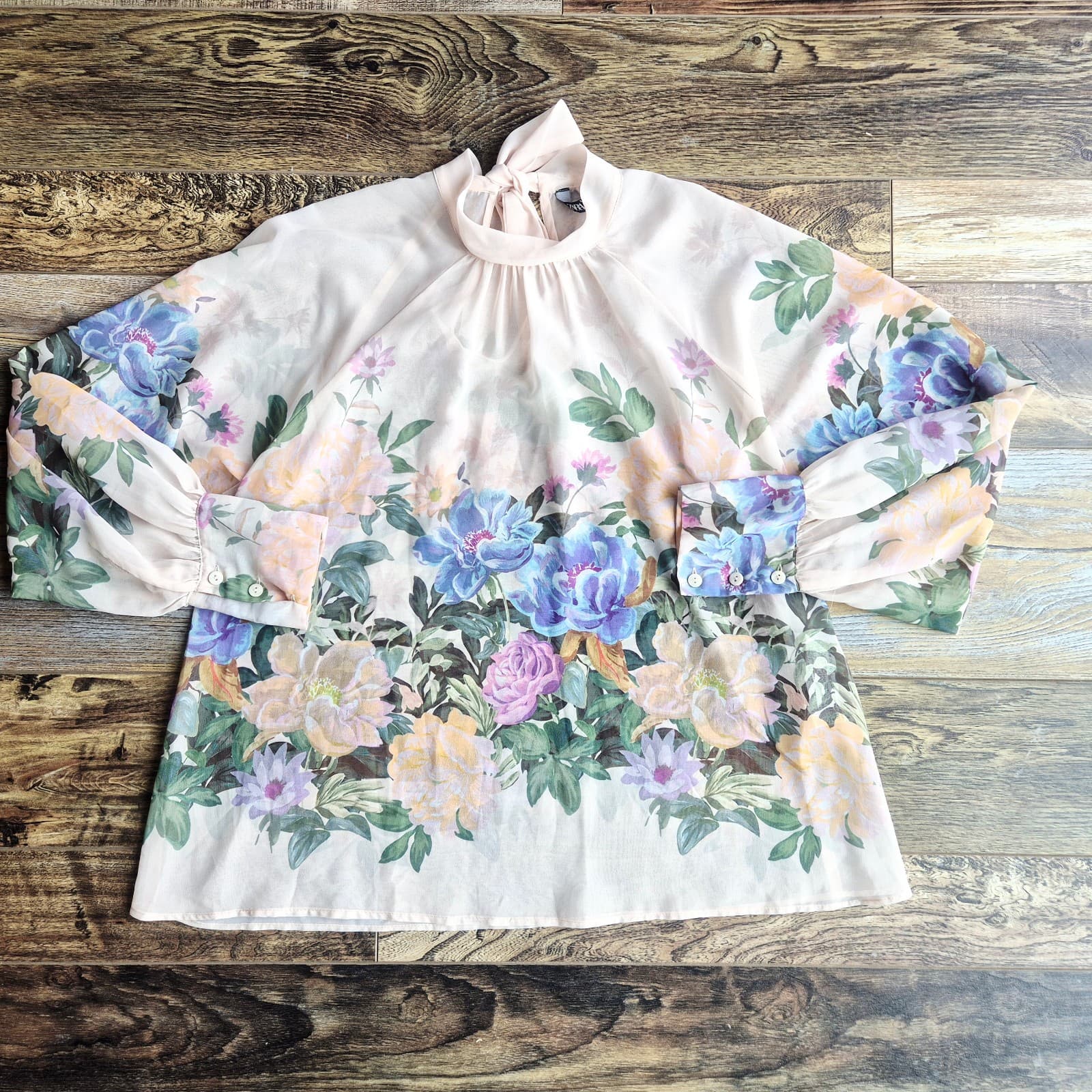 Zara Floral Sheer Chiffon High Neck Blouse Tie-Back Long Sleeve Ivory Pink Sz.XS - Thumbnail 9
