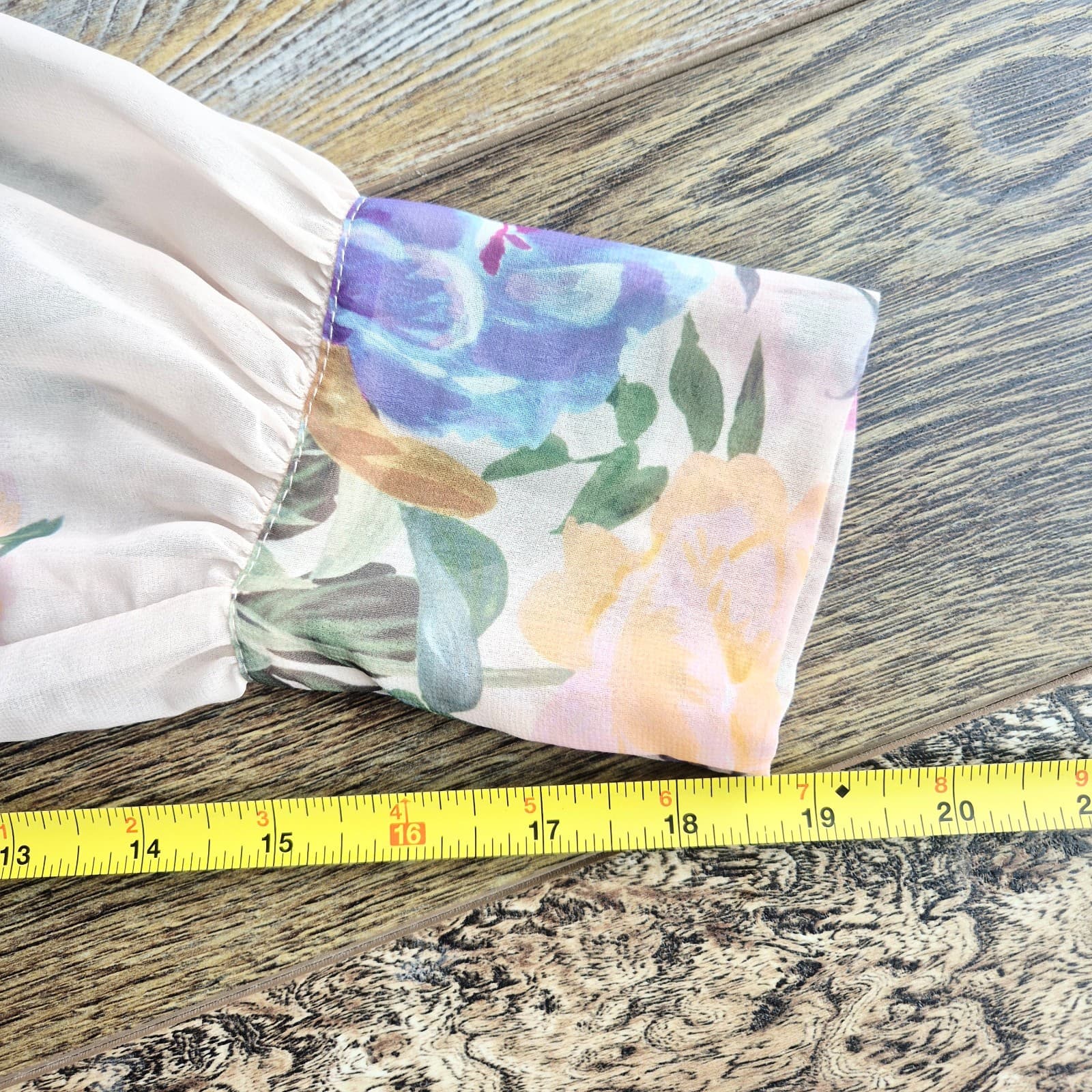 Zara Floral Sheer Chiffon High Neck Blouse Tie-Back Long Sleeve Ivory Pink Sz.XS - Thumbnail 13