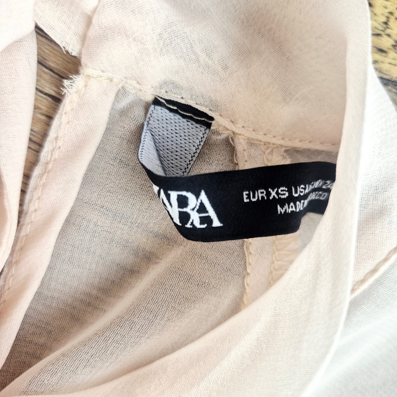 Zara Floral Sheer Chiffon High Neck Blouse Tie-Back Long Sleeve Ivory Pink Sz.XS - Thumbnail 11