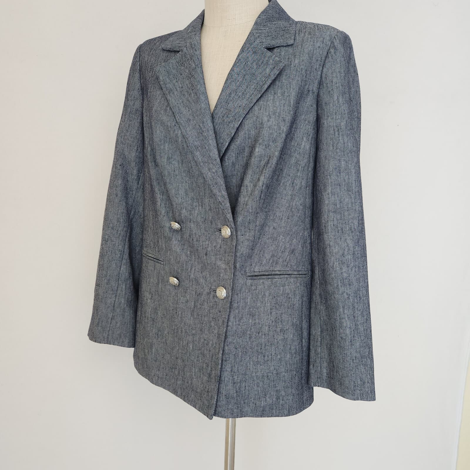 NWoT Karl Lagerfeld Paris $189 Linen Cotton Double Breasted Blazer Blue Sz.12 - Thumbnail 2