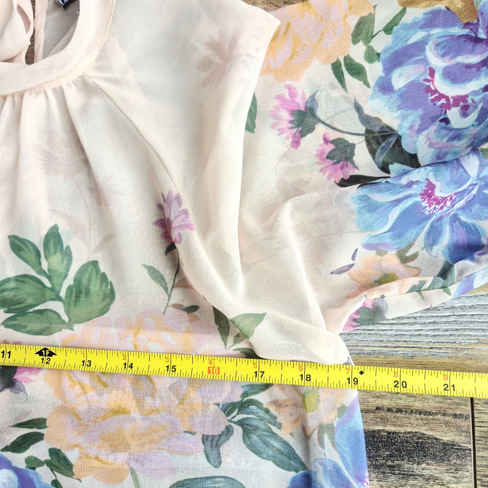 Zara Floral Sheer Chiffon High Neck Blouse Tie-Back Long Sleeve Ivory Pink Sz.XS - Thumbnail 14