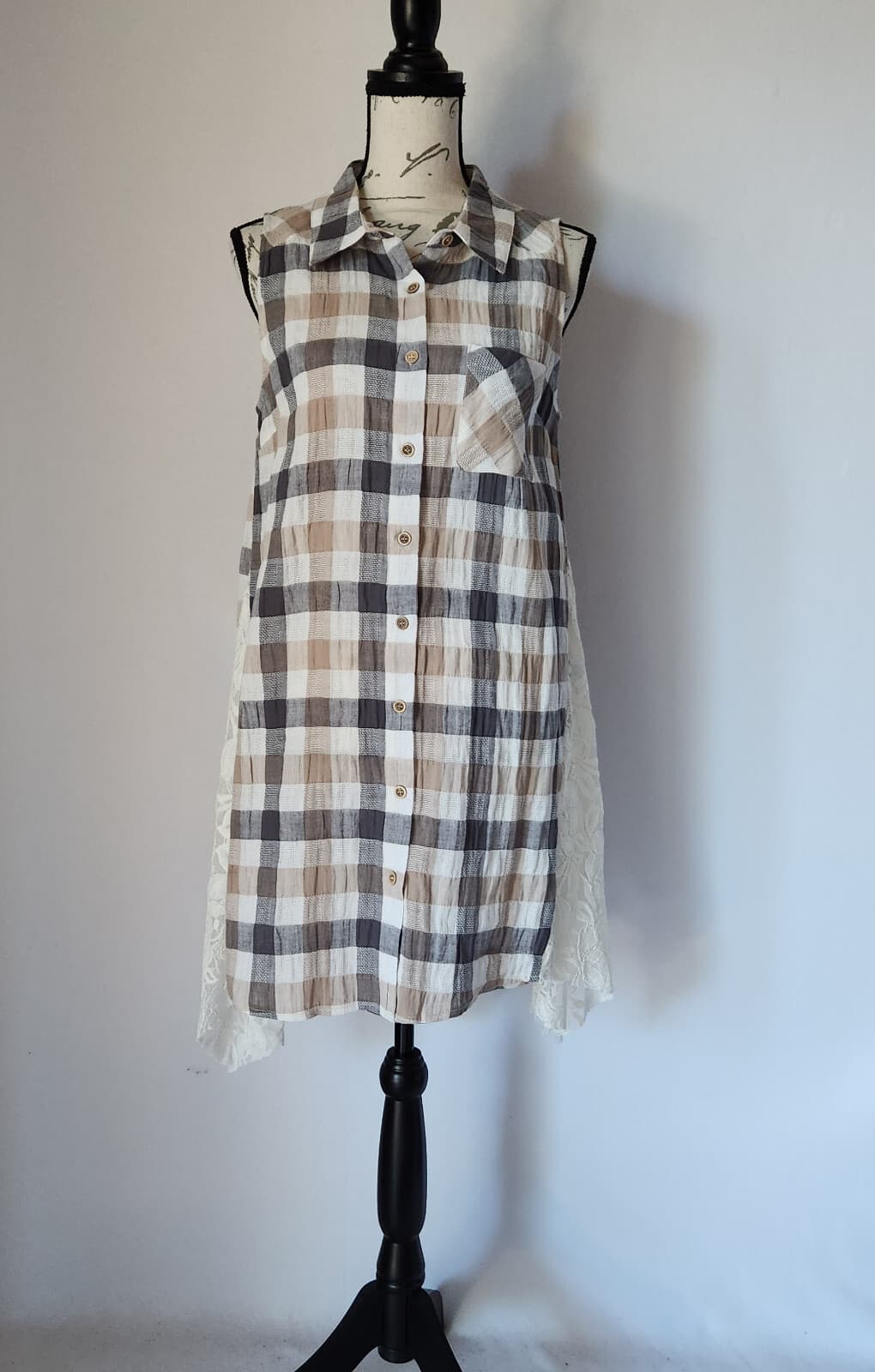 a'reve Lace Plaid Cotton Mini Shirt Dress Sleeveless Button Multicolor Women's S - Thumbnail 2