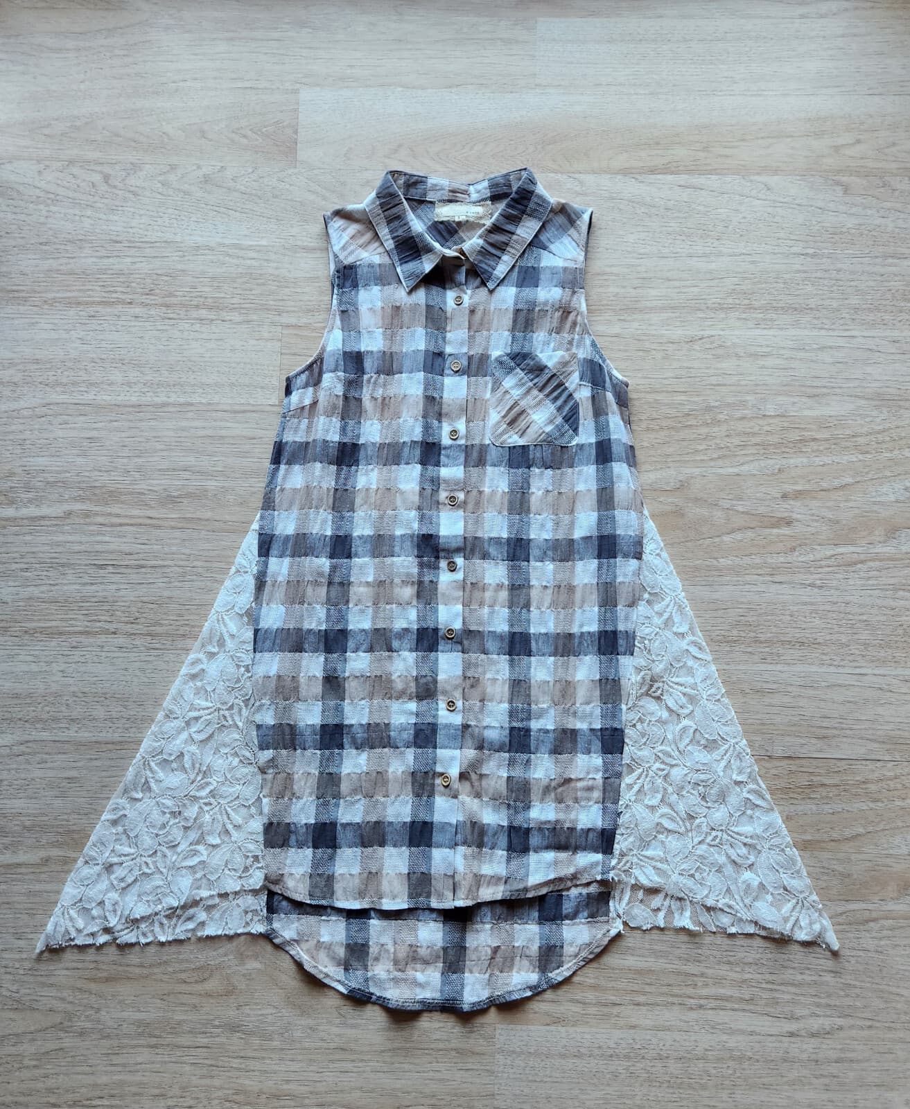 a'reve Lace Plaid Cotton Mini Shirt Dress Sleeveless Button Multicolor Women's S - Thumbnail 4